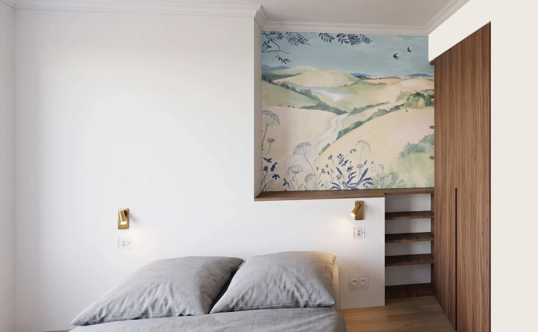 Perspective photoréaliste de la chambre avec panneau peint et menuiserie en noyer