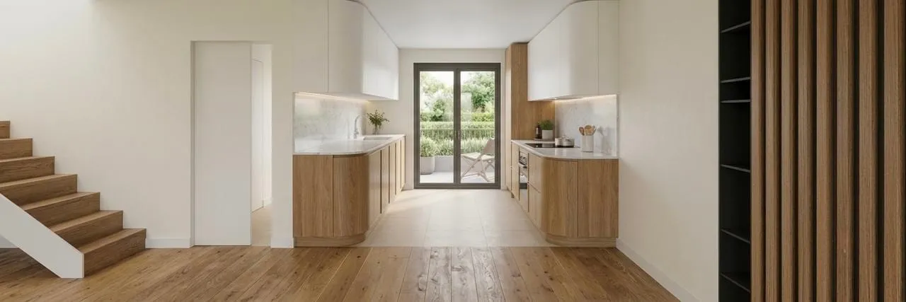 Perspective photoréaliste de la cuisine ouverte sur le jardin, avec façades en bois clair