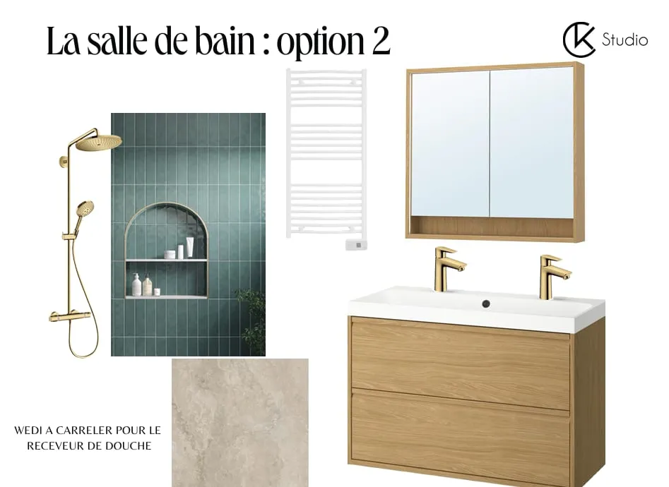 Planche matériaux et fournitures de la salle de bain : faïence verte, robinetterie dorée, meuble vasque en chêne