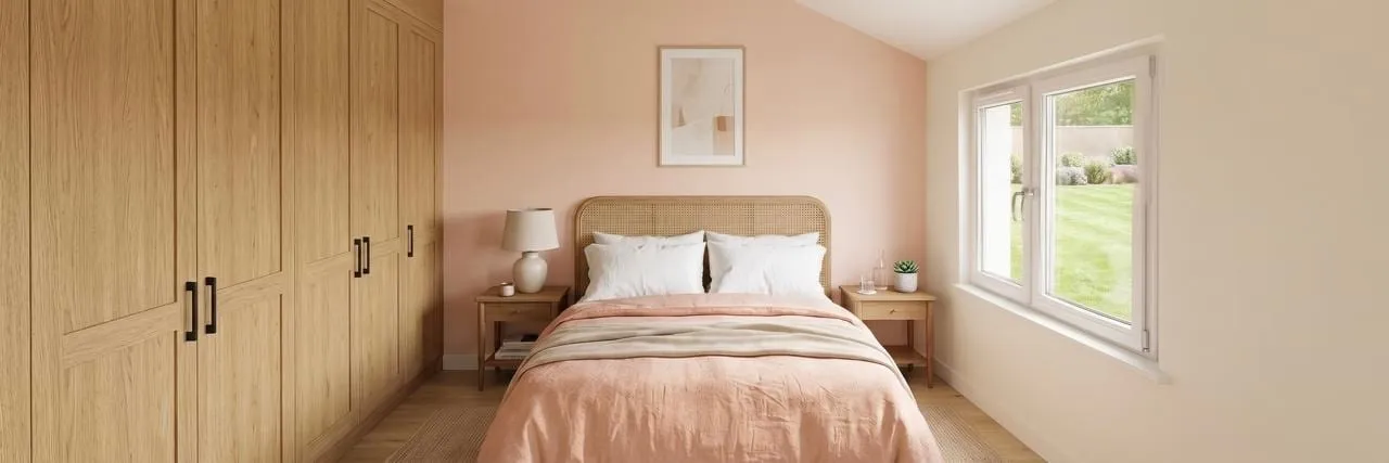 Perspective photoréaliste d'une chambre avec placards en chêne et mur rose poudré
