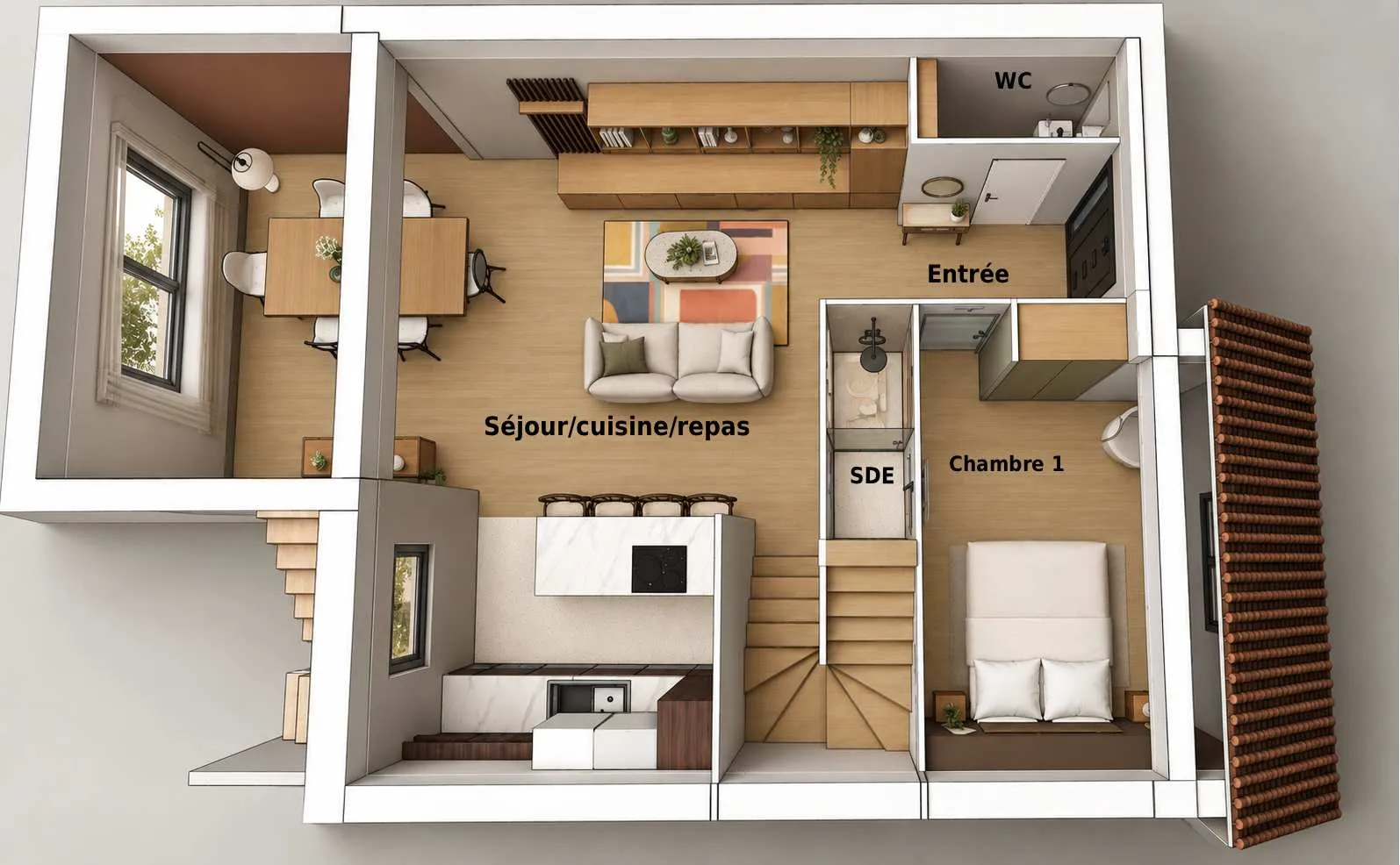 Vue de haut du rez-de-chaussée en 3D : entrée, WC, séjour ouvert sur la cuisine et le coin repas, chambre et salle d'eau