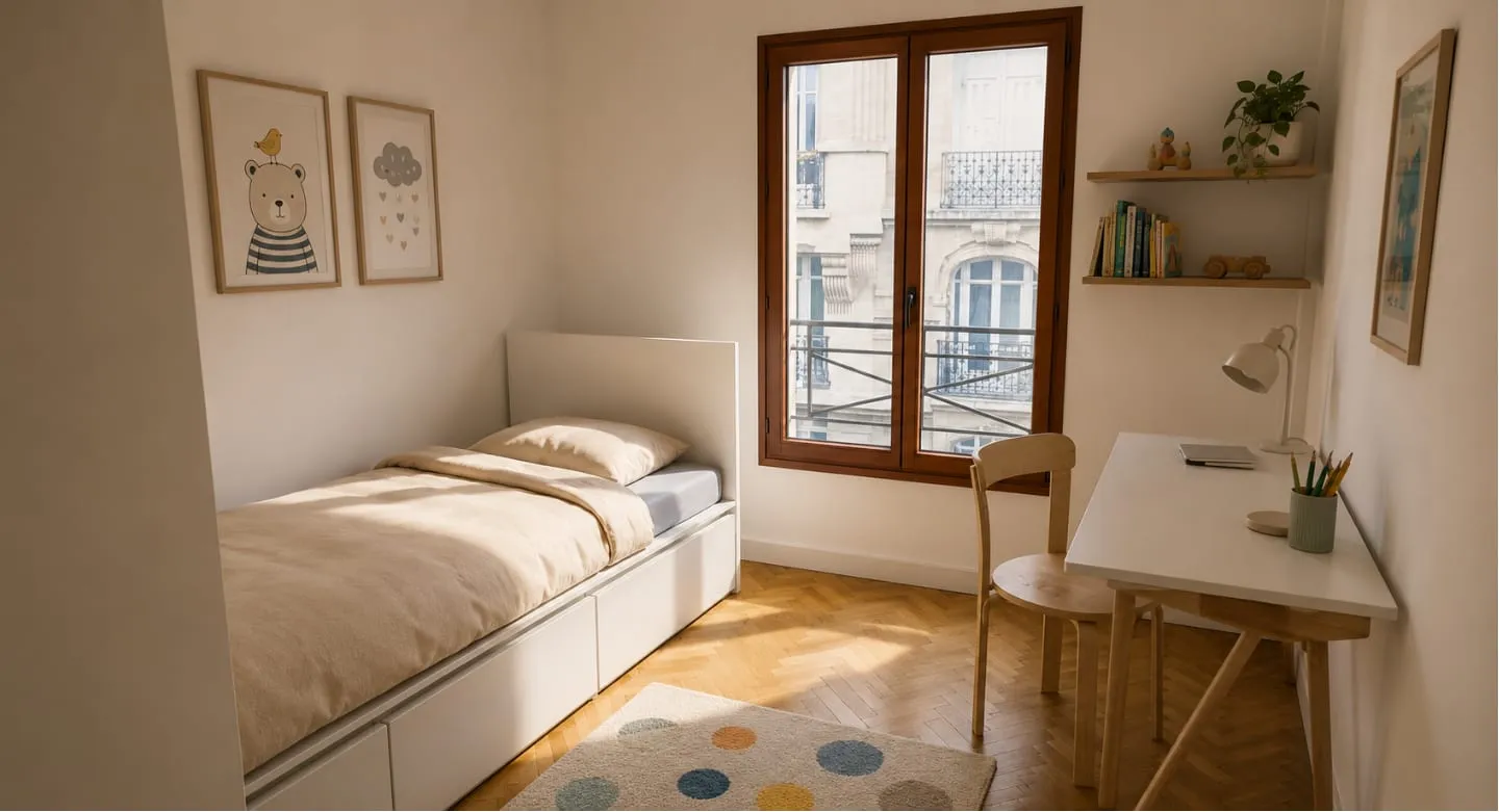 Perspective photoréaliste d'une chambre d'enfant avec bureau et lit gigogne