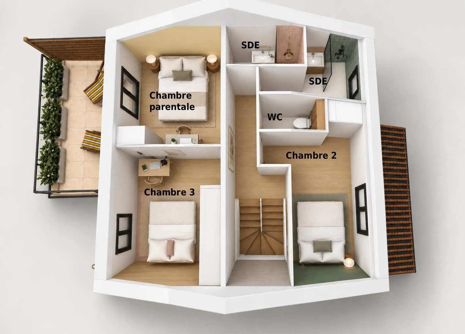 Vue de haut de l'étage en 3D : chambre parentale, deux chambres, deux salles d'eau, WC et terrasse
