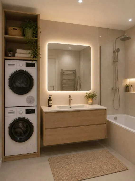Perspective photoréaliste de la salle de bain avec colonne lave-linge et sèche-linge intégrée