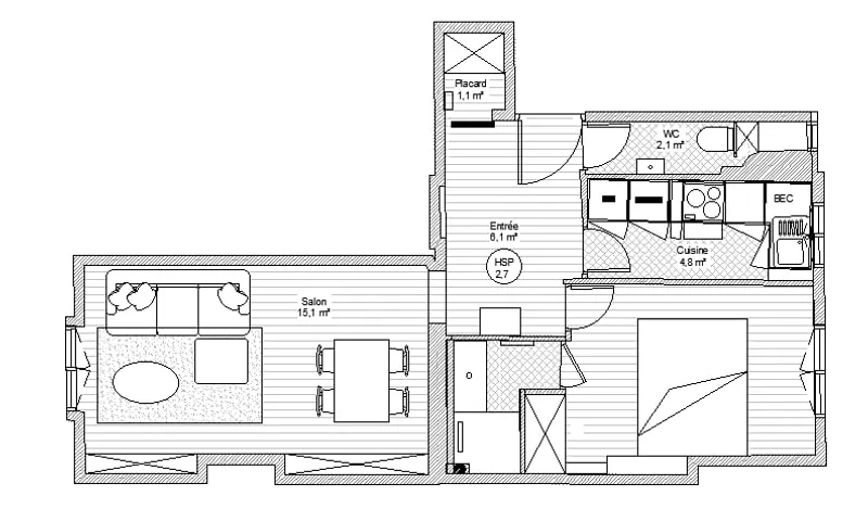 Plan d'aménagement projeté avec salle d'eau créée