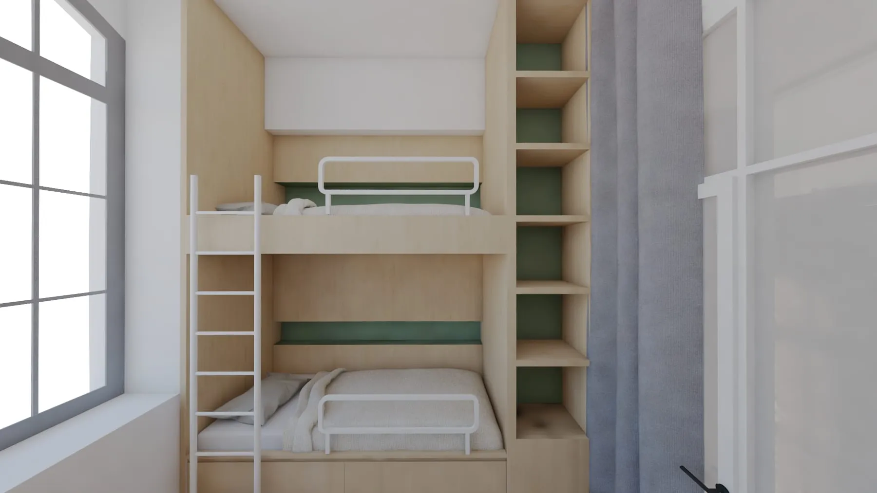 Perspective photoréaliste d'une chambre d'enfant avec lits superposés et rangements sur mesure